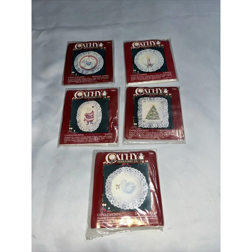 Lot Of 5 Cathy Needlecraft Candlewicking Ornament Kits , Santa ,‎ Tree , Candle